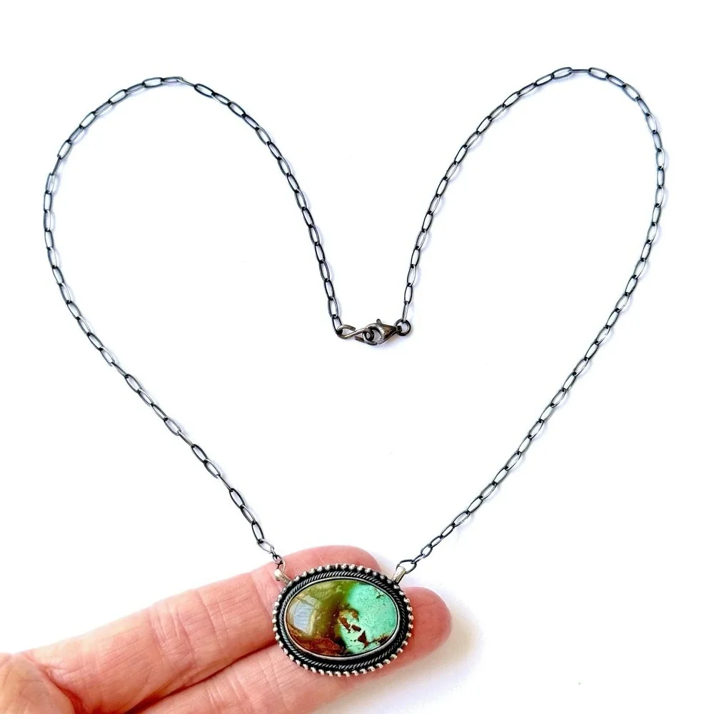 Navajo Royston Turquoise Bar Necklace 14in-20 Adjustable Sterling‎ Signed Skeets